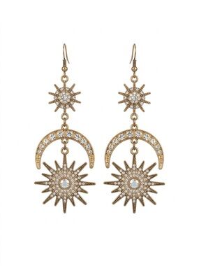 Vintage Celestial Gold Sun & Moon Rhinestone Drop Earrings
